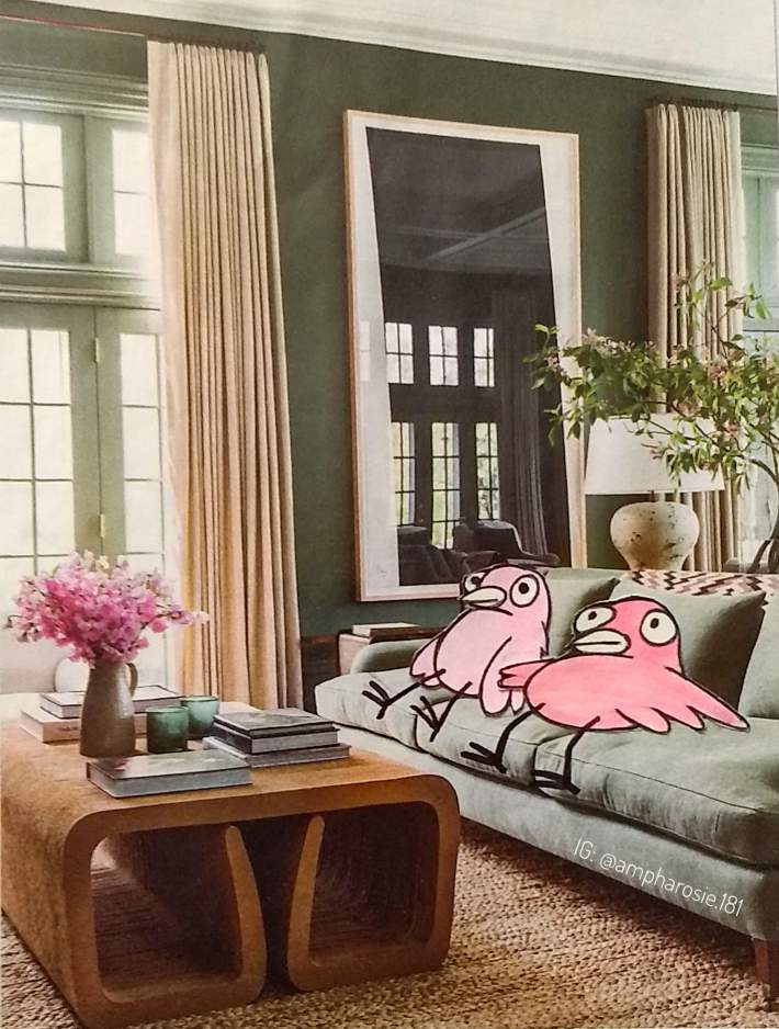 A collage of two birds sitting on a couch in a living room. A vase of pink flowers sits on a table in front of them.